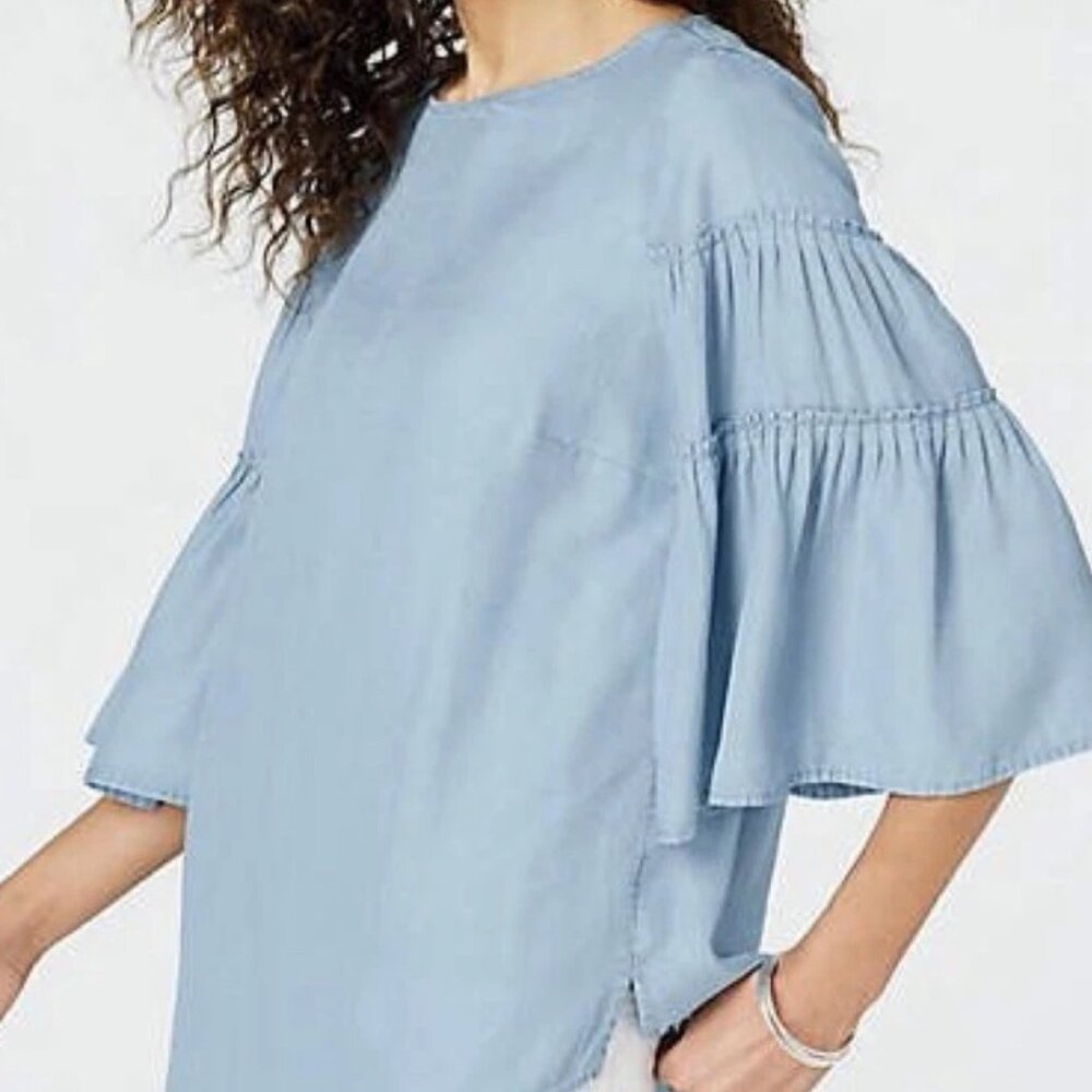 J. Jill Denim Bell Sleeves Top Blouse Chambray Tencel Boho Peasant Size XS EUC